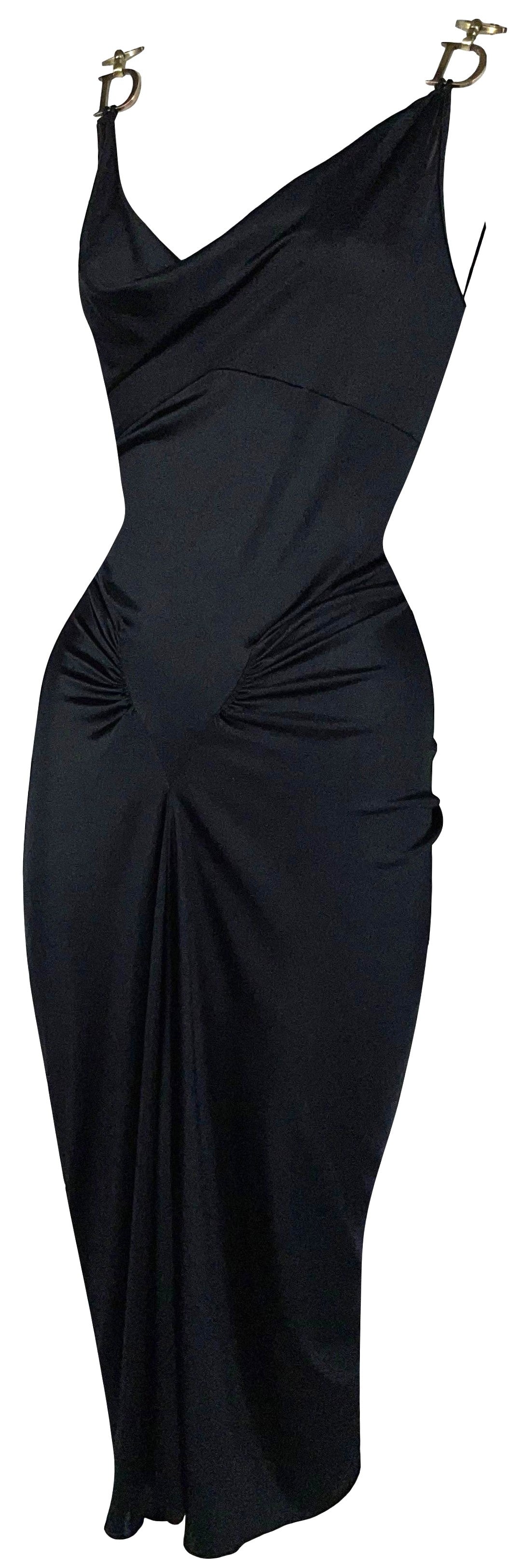 F/W 2000 Christian Dior x John Galliano Black Nylon Bodycon Gold Logo Straps Dress