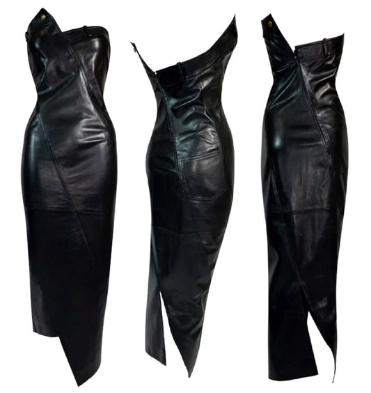 F/W 2000 Christian Dior by John Galliano Runway Black Leather Strapless Bodycon Maxi Dress