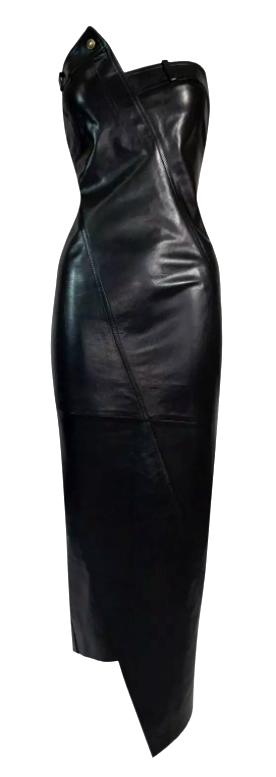 F/W 2000 Christian Dior by John Galliano Runway Black Leather Strapless Bodycon Maxi Dress