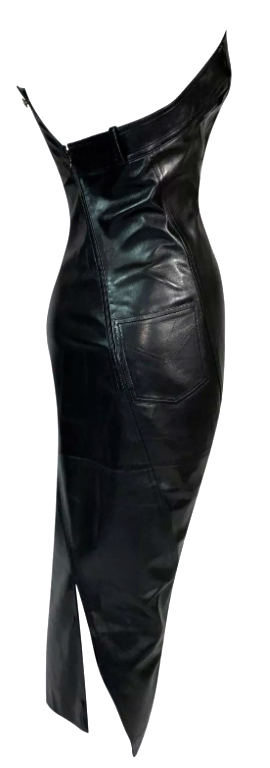 F/W 2000 Christian Dior by John Galliano Runway Black Leather Strapless Bodycon Maxi Dress