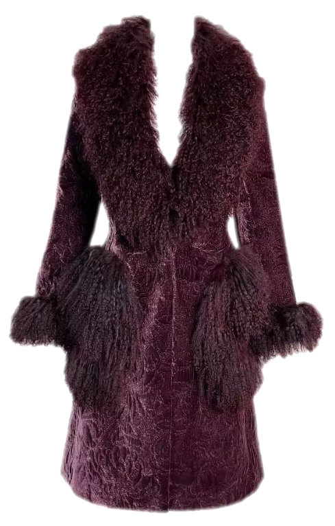 F/W 2000 Christian Dior by John Galliano Burgundy Curly Lamb Velvet Coat Jacket
