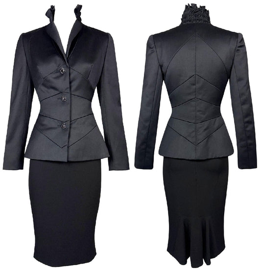 F/W 2000 Christian Dior x John Galliano 1940's Hollywood Vixen High Neck Fitted Waist Morticia Jacket Skirt Suit