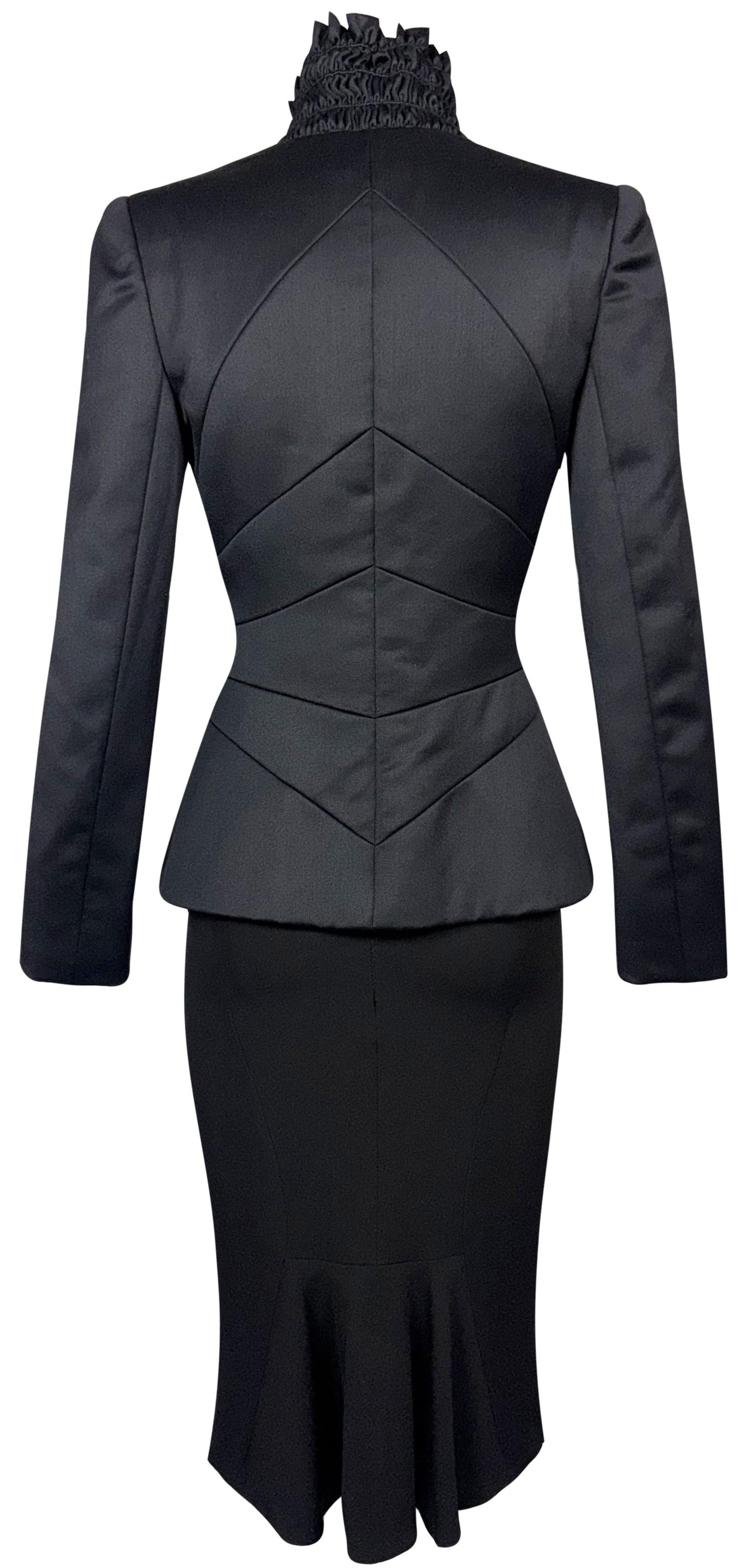 F/W 2000 Christian Dior x John Galliano 1940's Hollywood Vixen High Neck Fitted Waist Morticia Jacket Skirt Suit