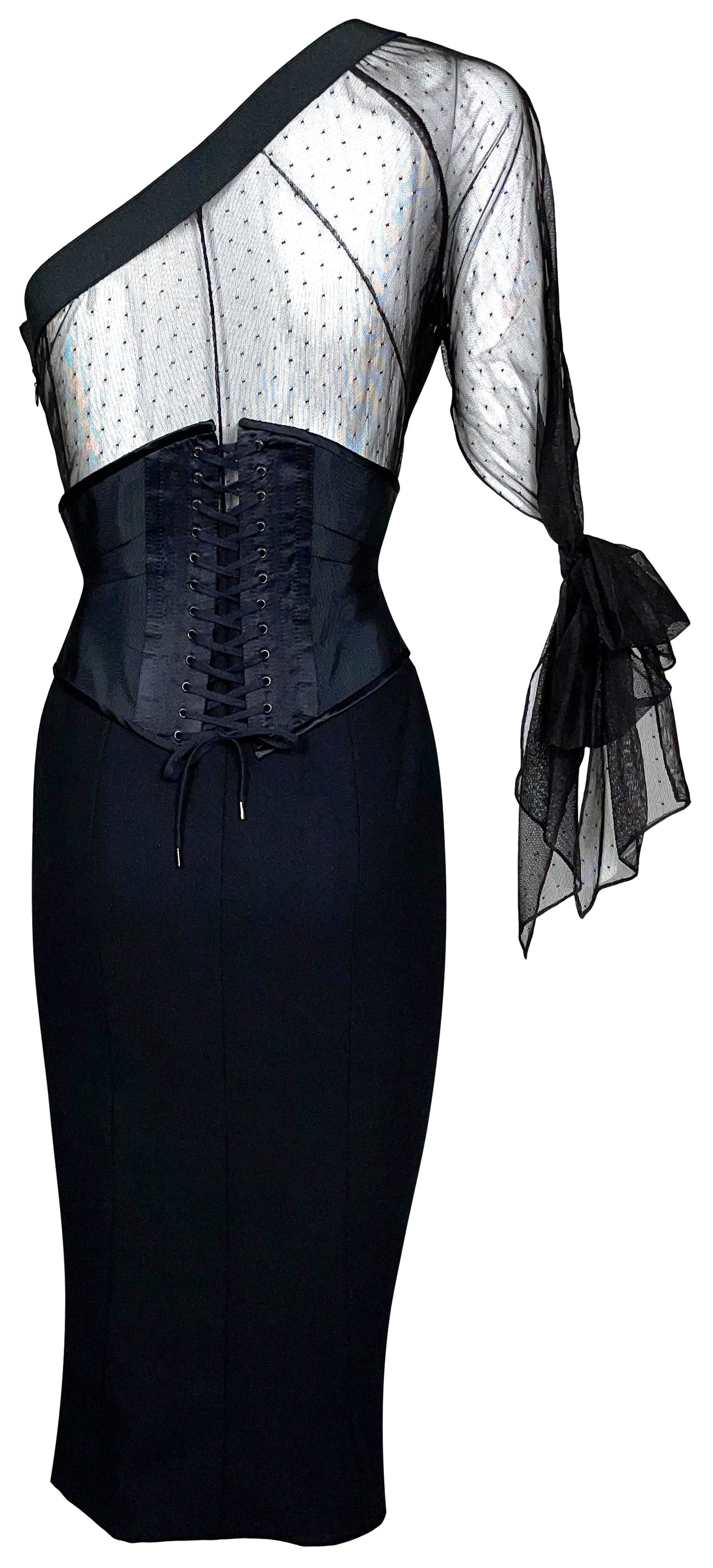 F/W 2000 Christian Dior by John Galliano Haute Couture Runway Sheer Black Corset One Arm Dress