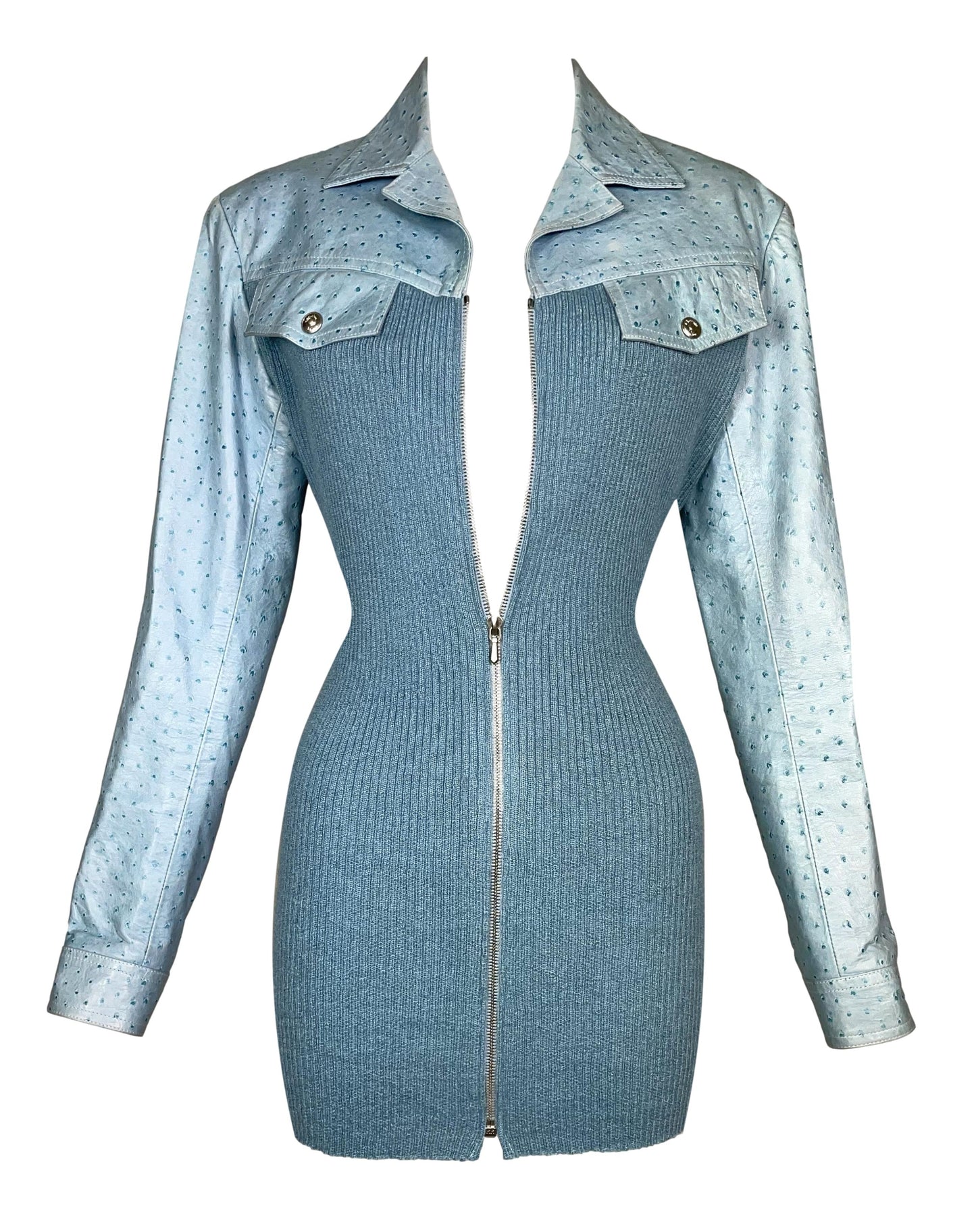 F/W 2000 Christian Dior by John Galliano Pastel Blue Leather & Knit Zip-Up Mini Dress