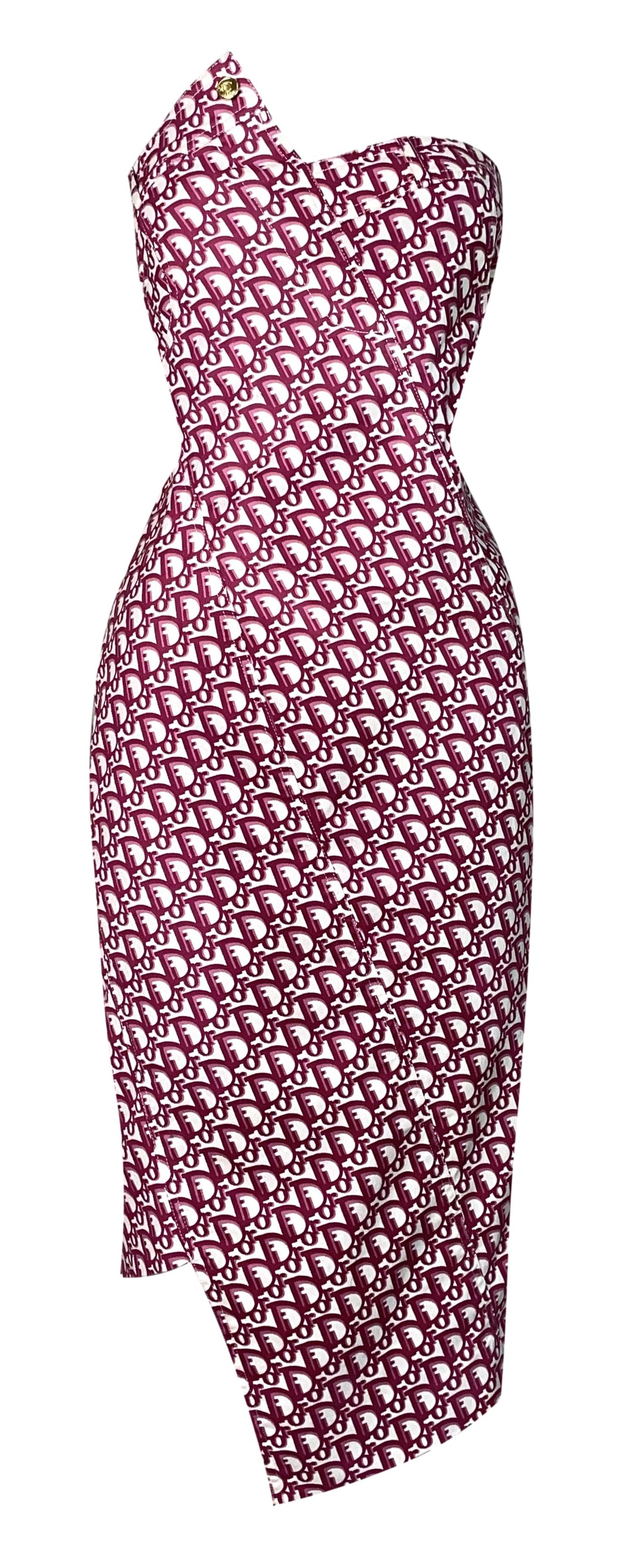 F/W 2000 Christian Dior by John Galliano Red & White Logo Monogram Strapless Asymmetrical Dress