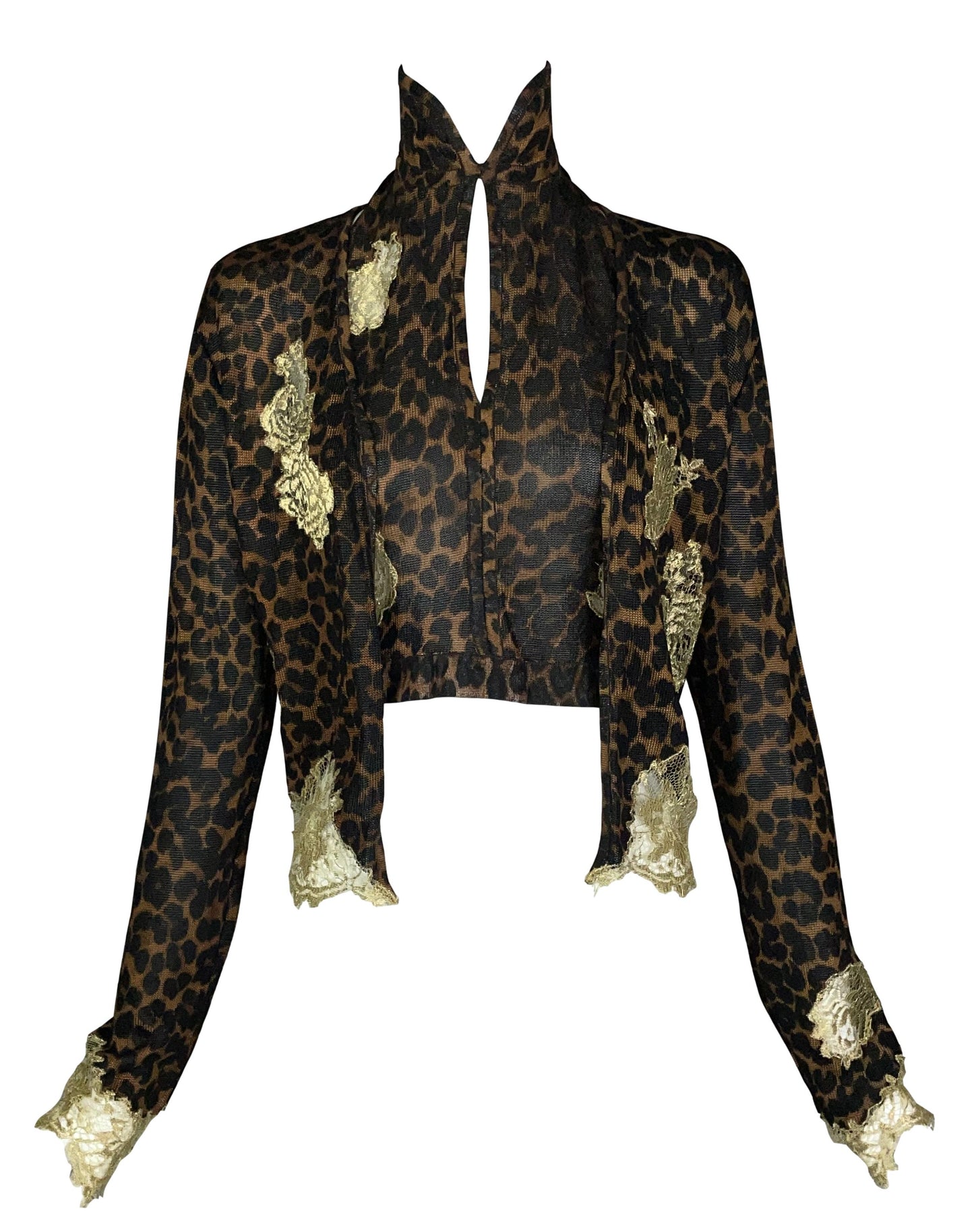 F/W 2000 Christian Dior by John Galliano Cheongsam Leopard Crop Top & Gold Lace Cardigan Set