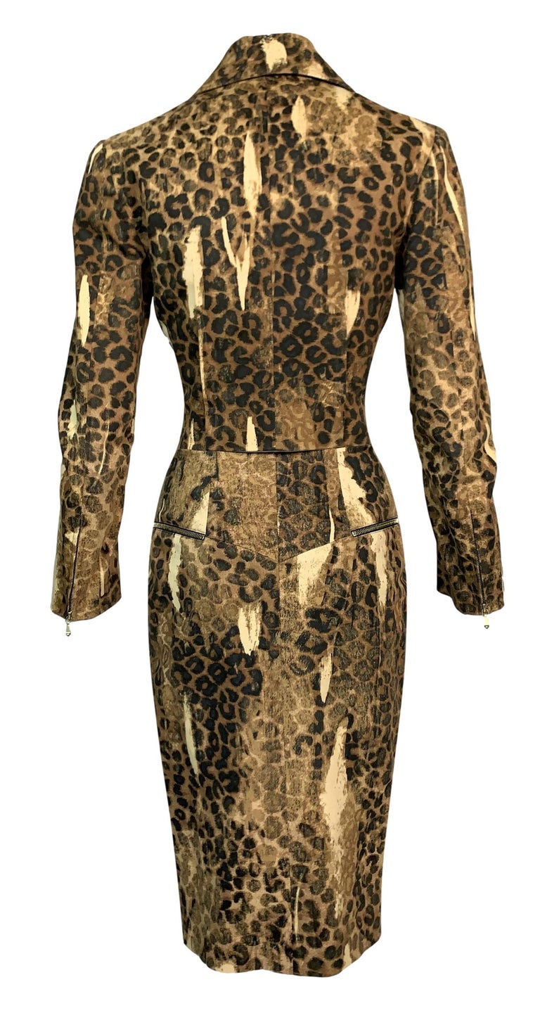 F/W 2000 Christian Dior by John Galliano Leopard Cropped Denim Jacket & High Slit Zipper Skirt Set