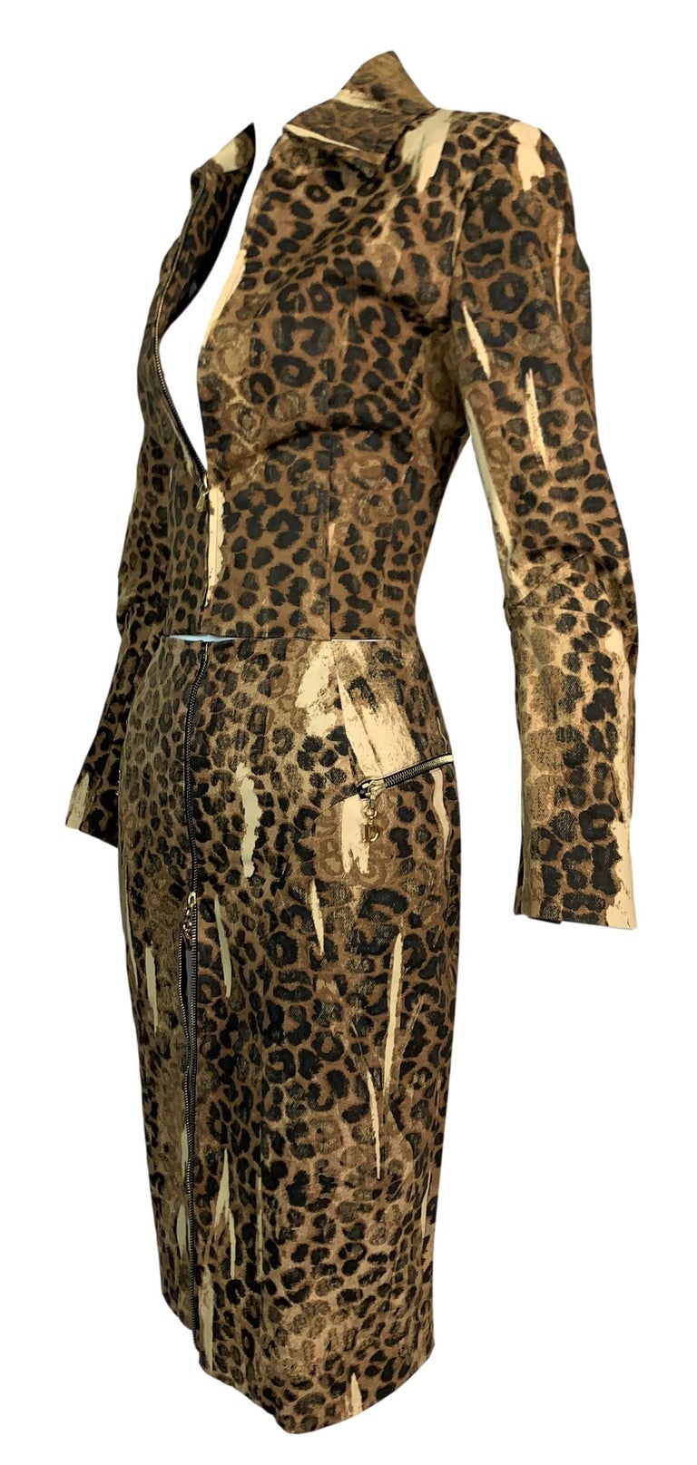 F/W 2000 Christian Dior by John Galliano Leopard Cropped Denim Jacket & High Slit Zipper Skirt Set