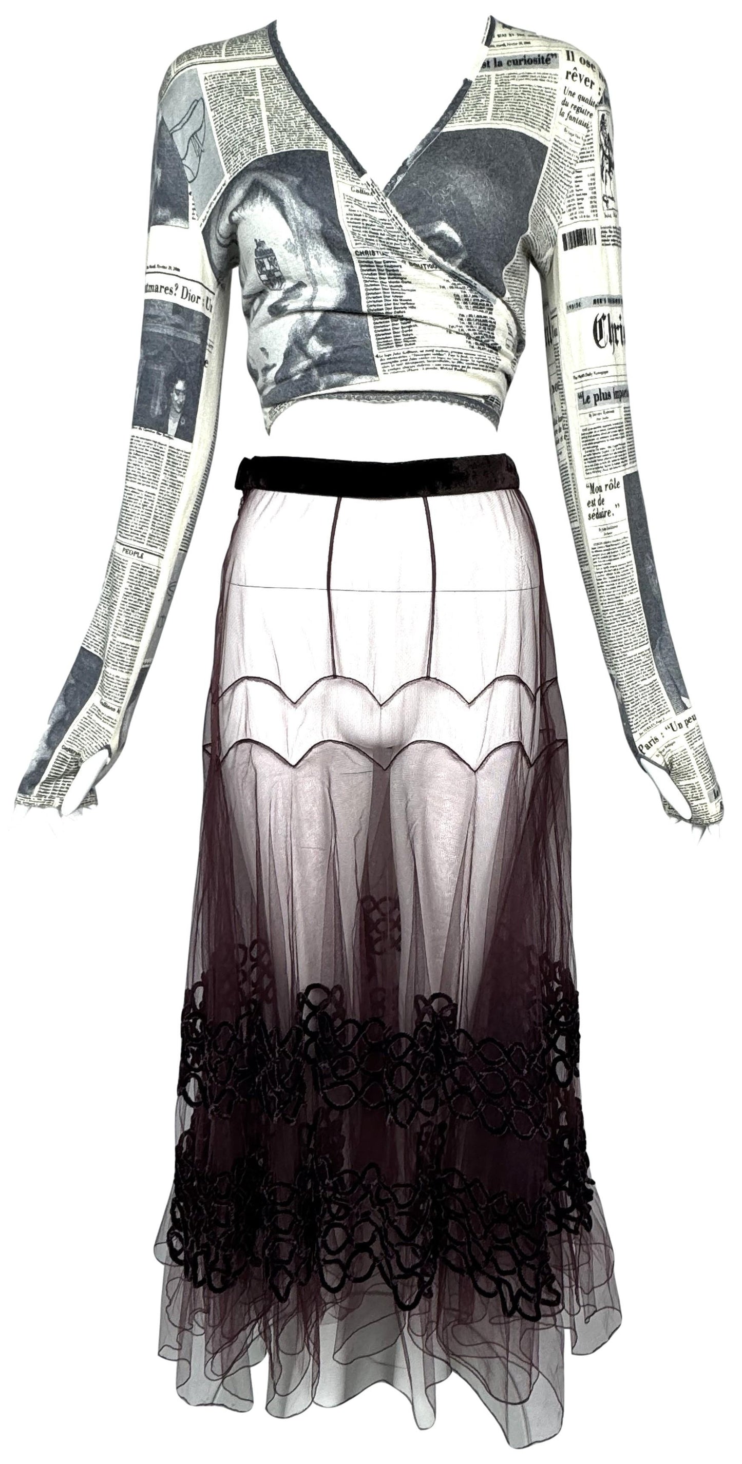 F/W 2000 Christian Dior x John Galliano Runway News Print Wrap Cashmere Crop Top & Sheer Tulle Ballerina Maxi Skirt Set