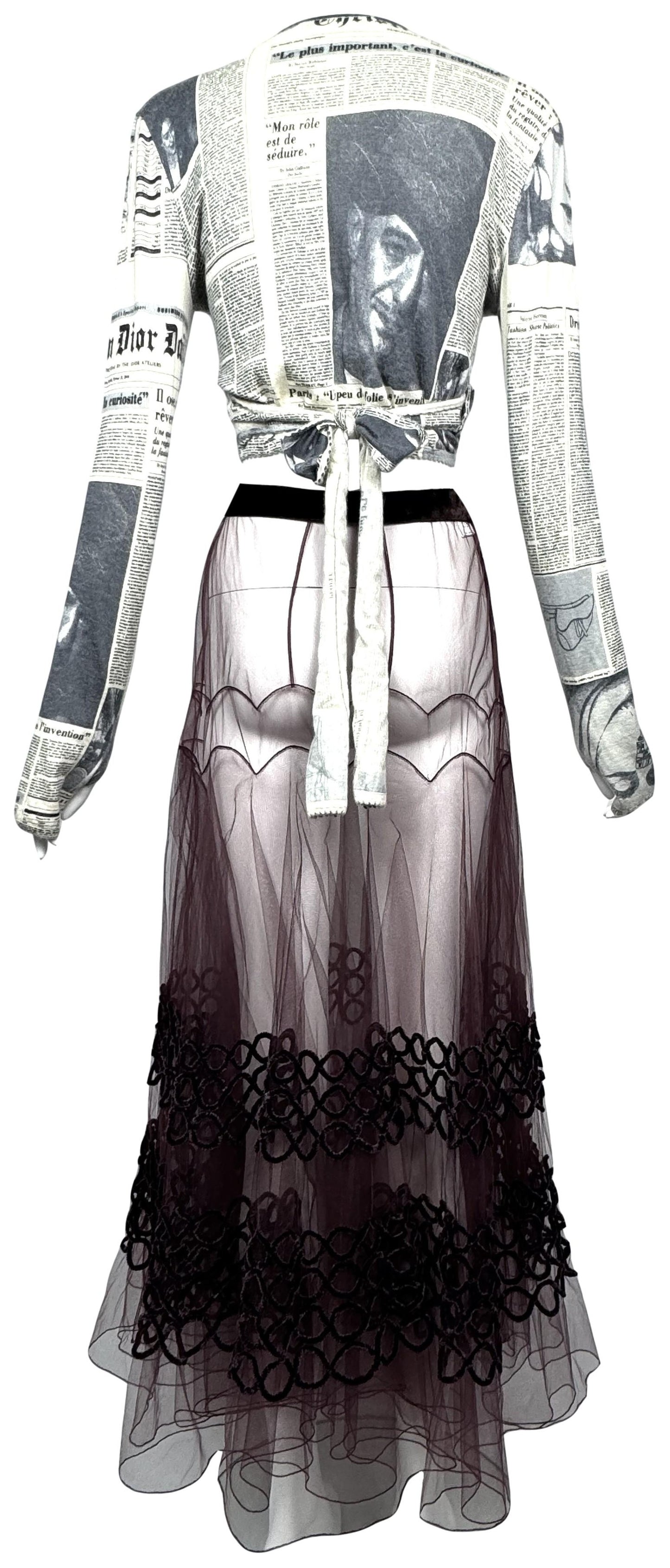 F/W 2000 Christian Dior x John Galliano Runway News Print Wrap Cashmere Crop Top & Sheer Tulle Ballerina Maxi Skirt Set