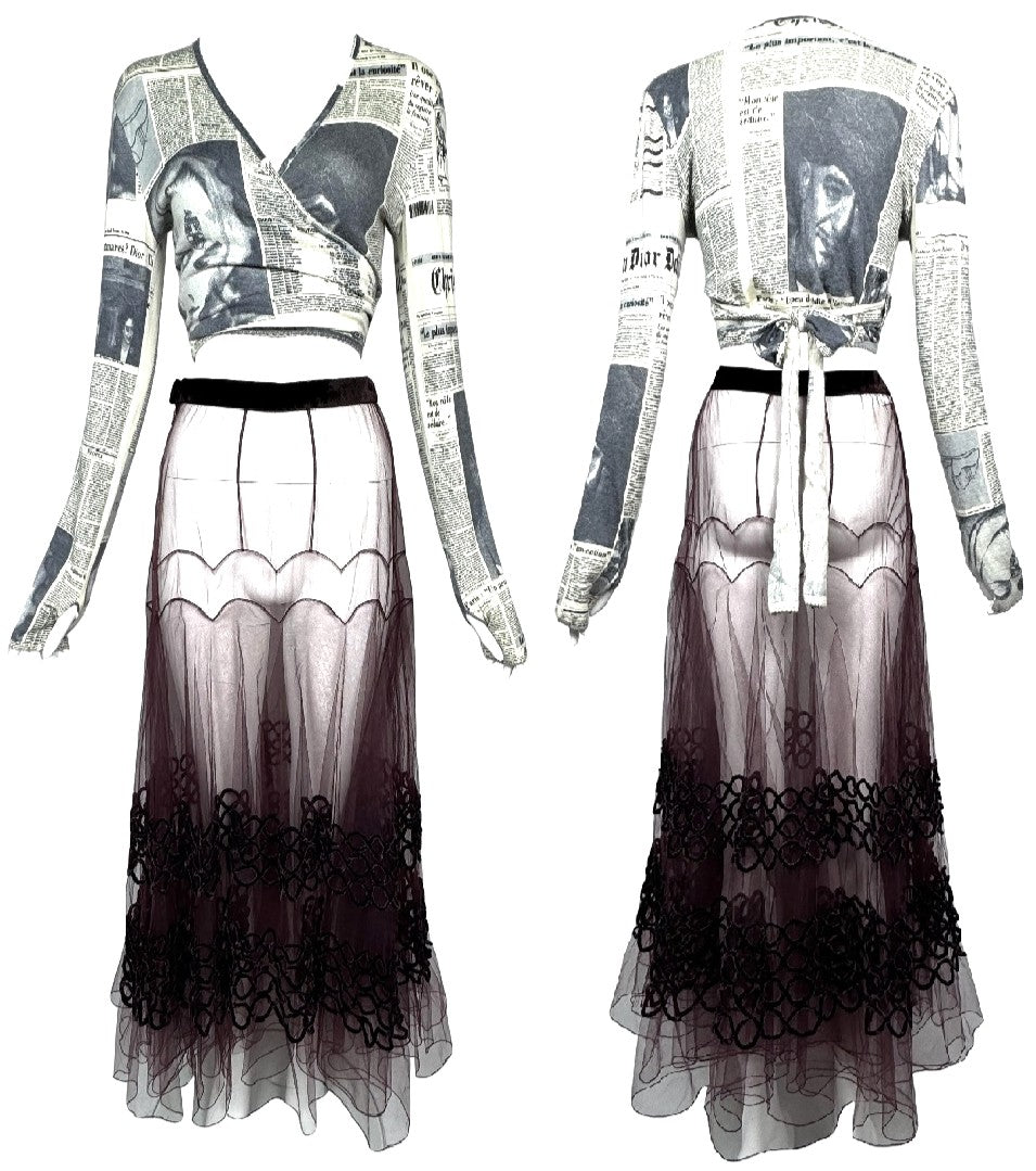 F/W 2000 Christian Dior x John Galliano Runway News Print Wrap Cashmere Crop Top & Sheer Tulle Ballerina Maxi Skirt Set
