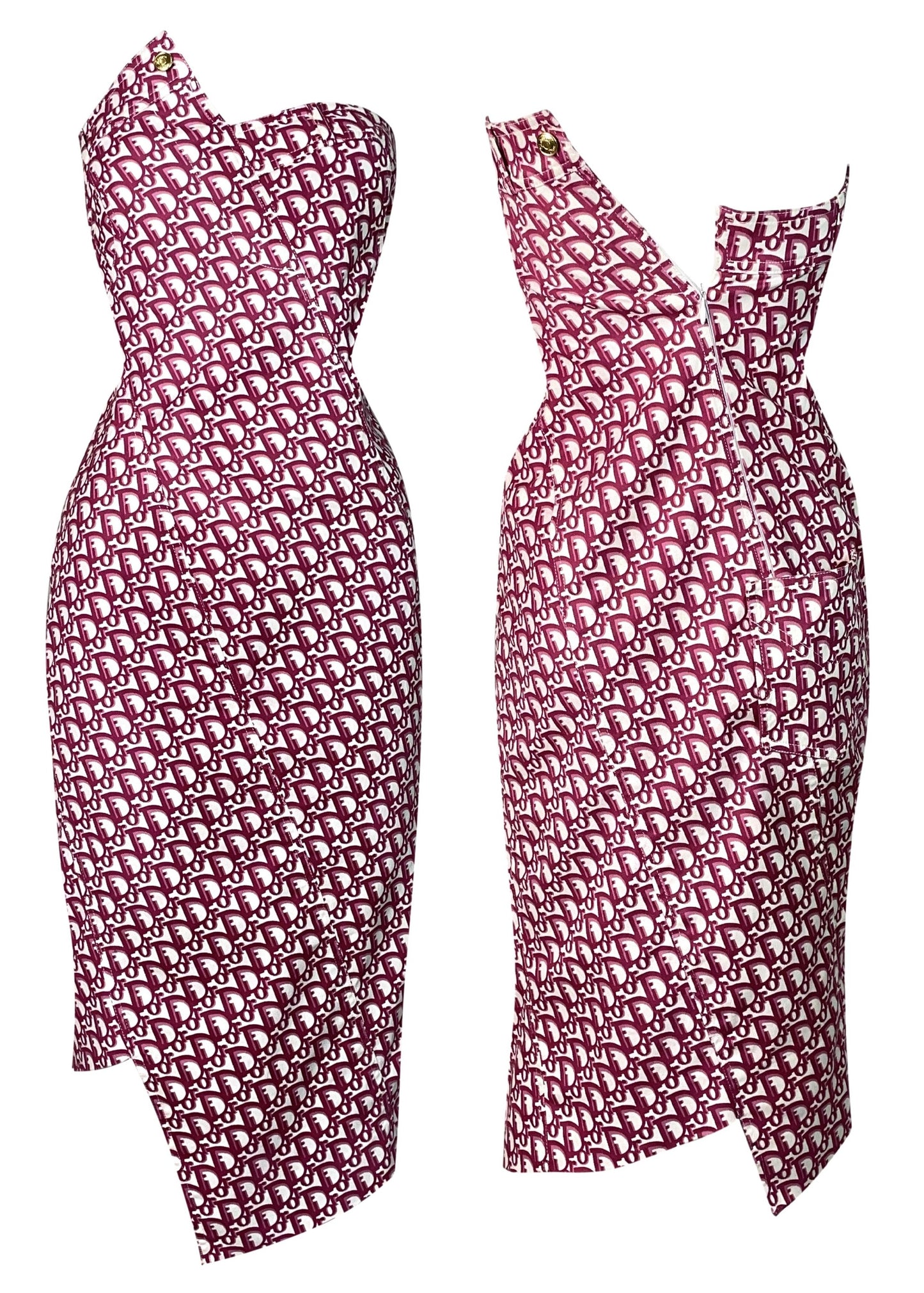 F/W 2000 Christian Dior by John Galliano Red & White Logo Monogram Strapless Asymmetrical Dress