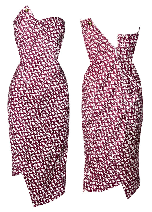 F/W 2000 Christian Dior by John Galliano Red & White Logo Monogram Strapless Asymmetrical Dress