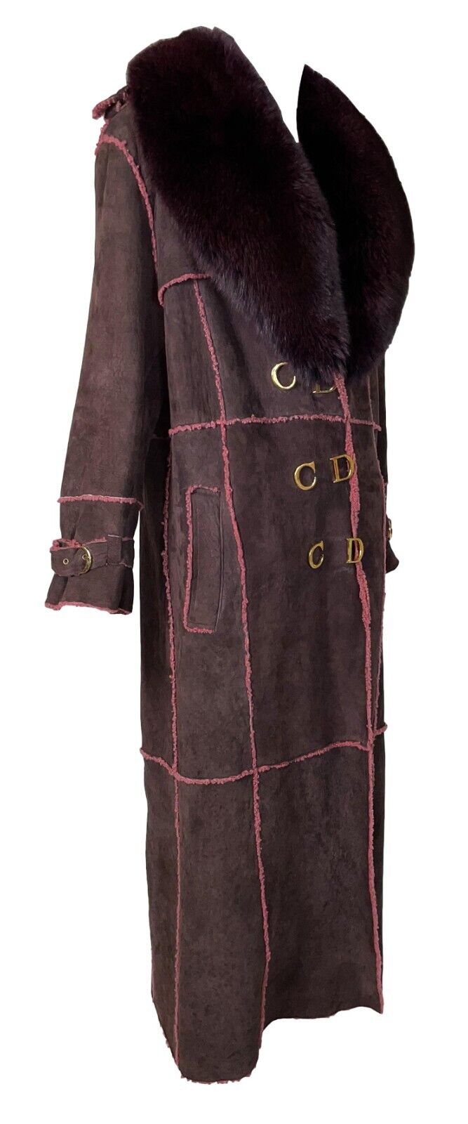 F/W 2000 Christian Dior by John Galliano Burgundy Suede Shearling & Fox Fur Gold Logo Buttons Coat