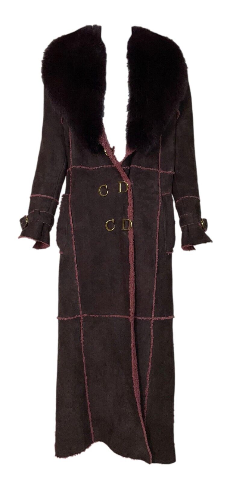 F/W 2000 Christian Dior by John Galliano Burgundy Suede Shearling & Fox Fur Gold Logo Buttons Coat