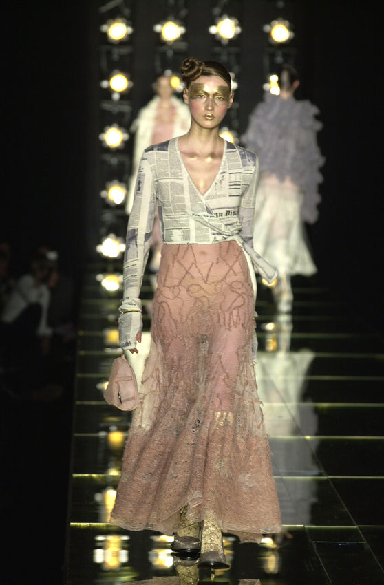F/W 2000 Christian Dior x John Galliano Runway News Print Wrap Cashmere Crop Top & Sheer Tulle Ballerina Maxi Skirt Set