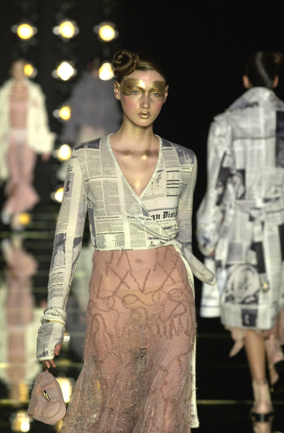 F/W 2000 Christian Dior x John Galliano Runway News Print Wrap Cashmere Crop Top & Sheer Tulle Ballerina Maxi Skirt Set