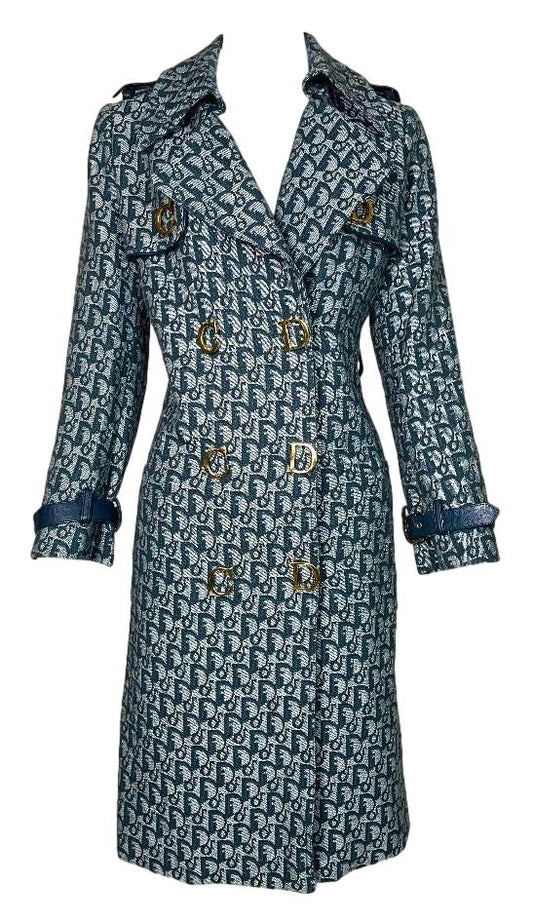 F/W 2000 Christian Dior by John Galliano Runway Blue Logo Trench Coat Jacket