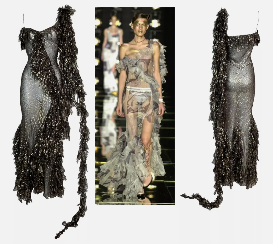 F/W 2000 Christian Dior by John Galliano Runway Brown & Gold Ruffle Maxi Dress w Long Sash