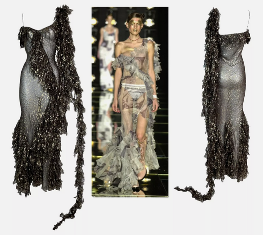 F/W 2000 Christian Dior by John Galliano Runway Brown & Gold Ruffle Maxi Dress w Long Sash