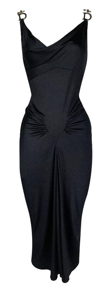 F/W 2000 Christian Dior by John Galliano Black Nylon Bodycon Gold Logo Straps Dress