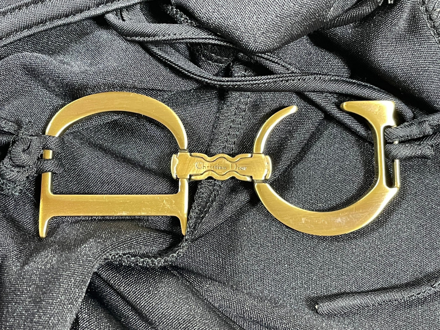 F/W 2000 Christian Dior by John Galliano Black Nylon Bodycon Gold Logo Straps Dress