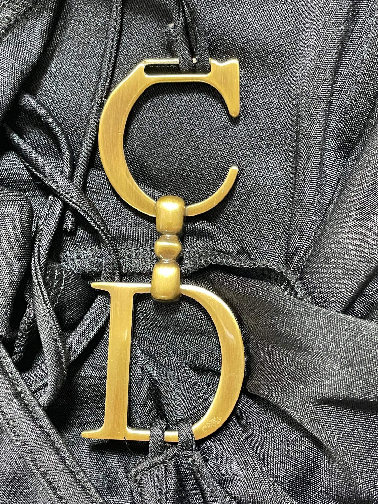 F/W 2000 Christian Dior by John Galliano Black Nylon Bodycon Gold Logo Straps Dress