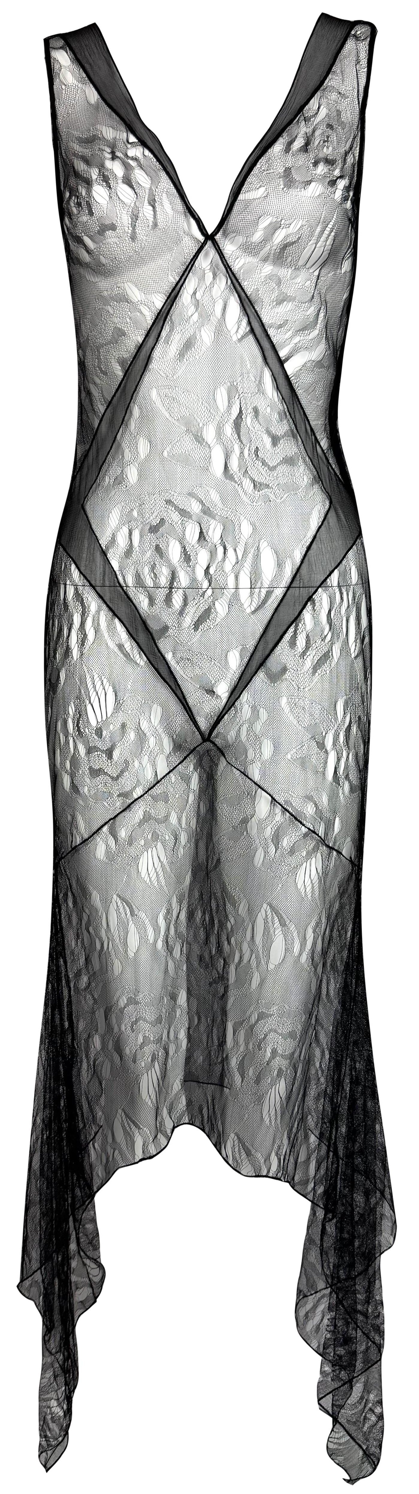 F/W 2000 Christian Dior x John Galliano Runway 1930's Style Sheer Black Distressed Knit Dress