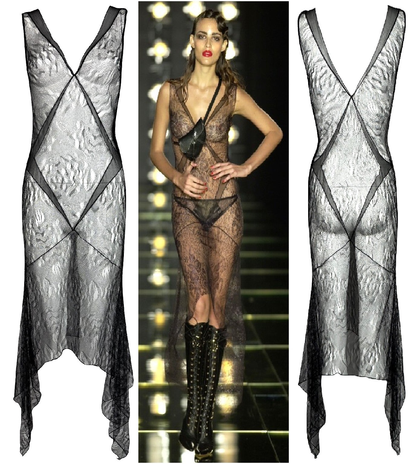 F/W 2000 Christian Dior x John Galliano Runway 1930's Style Sheer Black Distressed Knit Dress