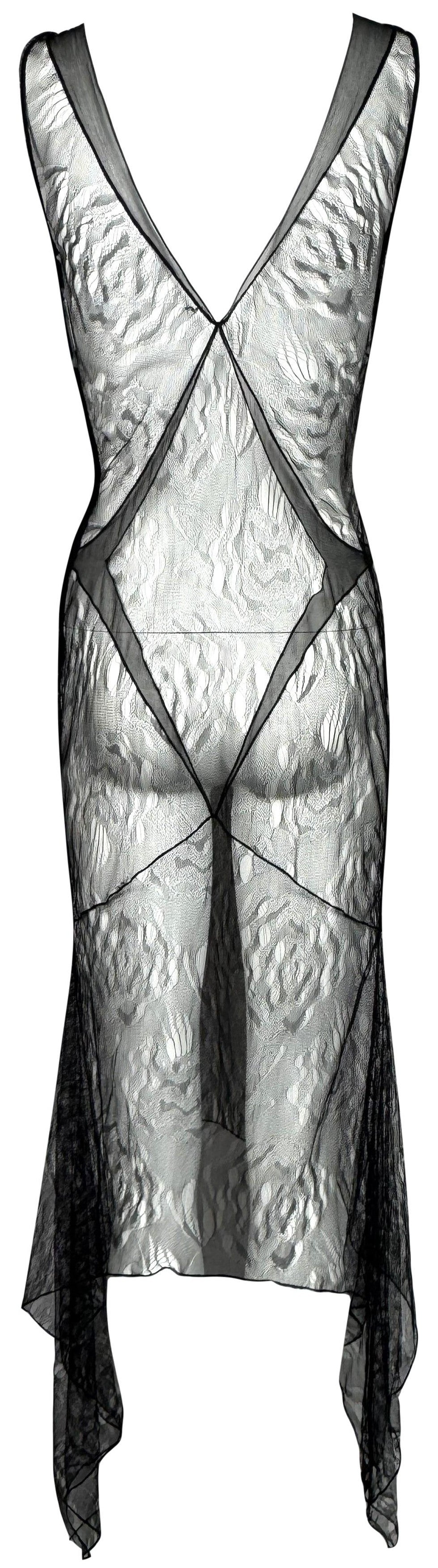 F/W 2000 Christian Dior x John Galliano Runway 1930's Style Sheer Black Distressed Knit Dress