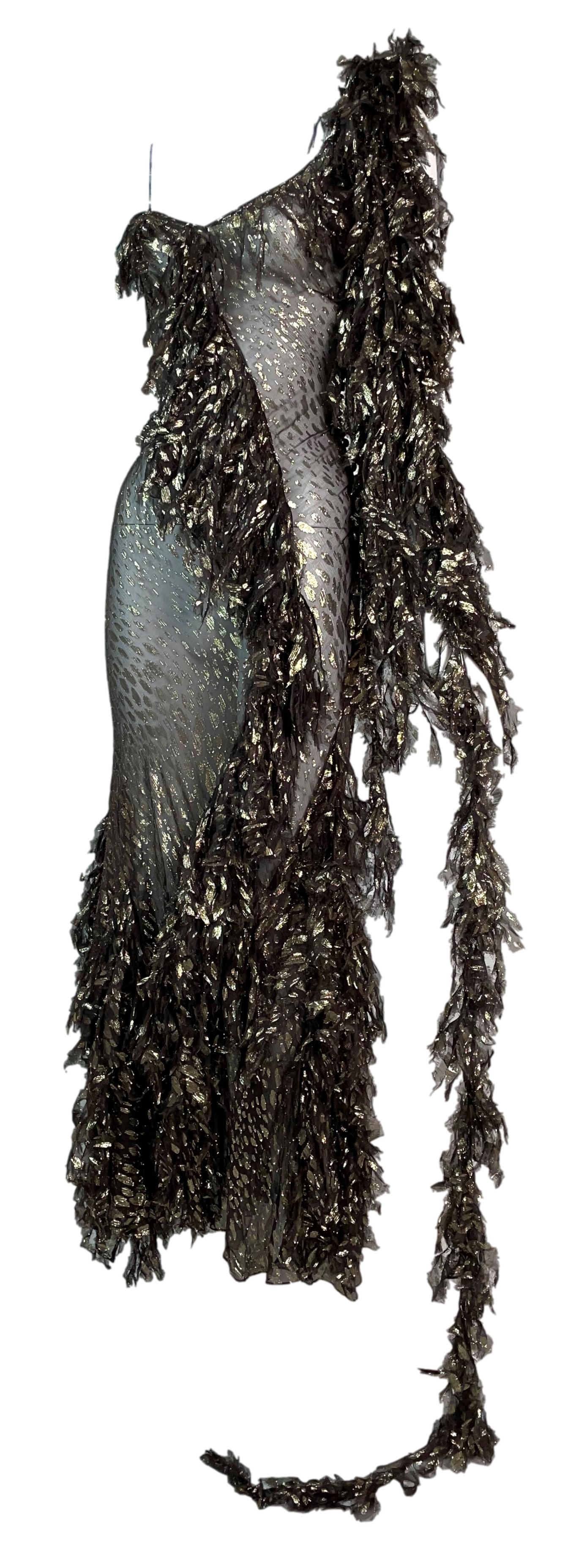 F/W 2000 Christian Dior by John Galliano Runway Brown & Gold Ruffle Maxi Dress w Long Sash