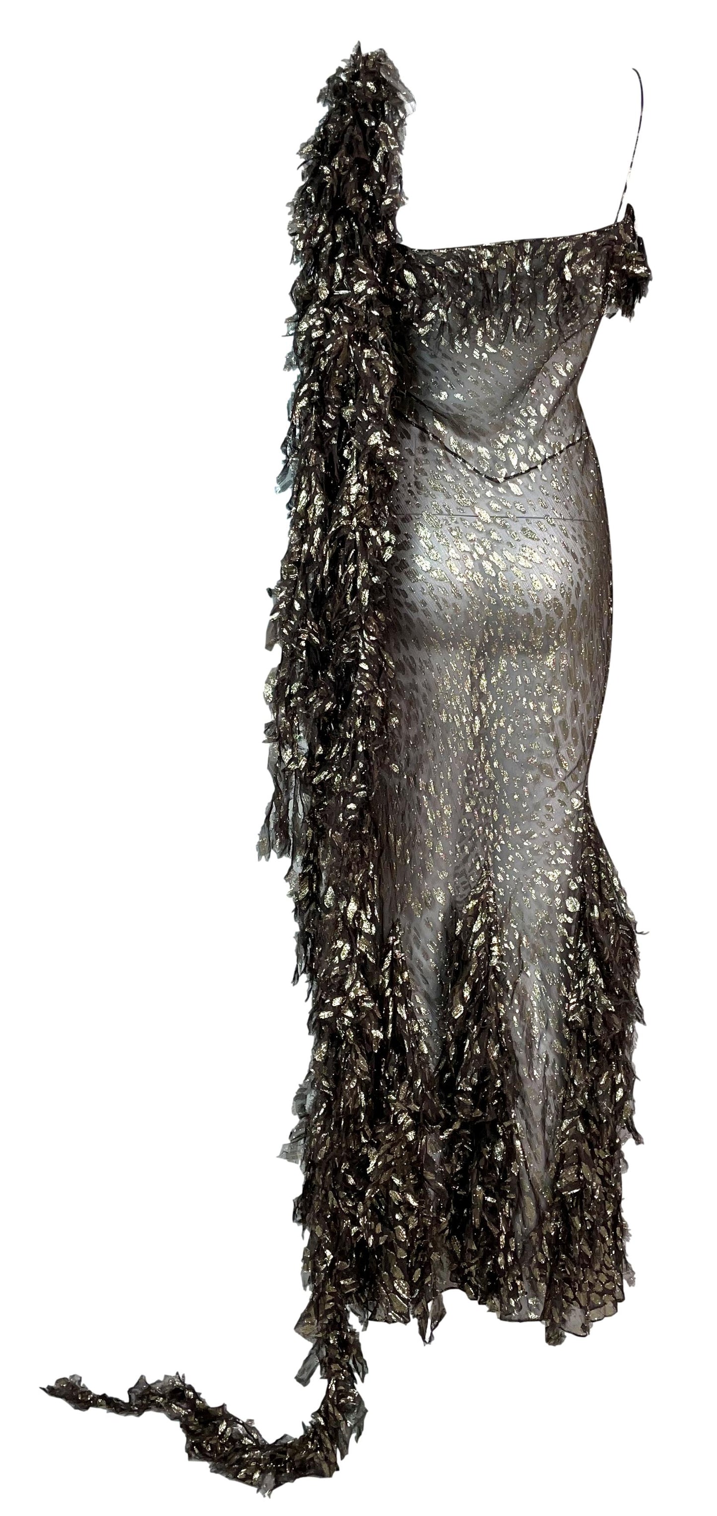 F/W 2000 Christian Dior by John Galliano Runway Brown & Gold Ruffle Maxi Dress w Long Sash