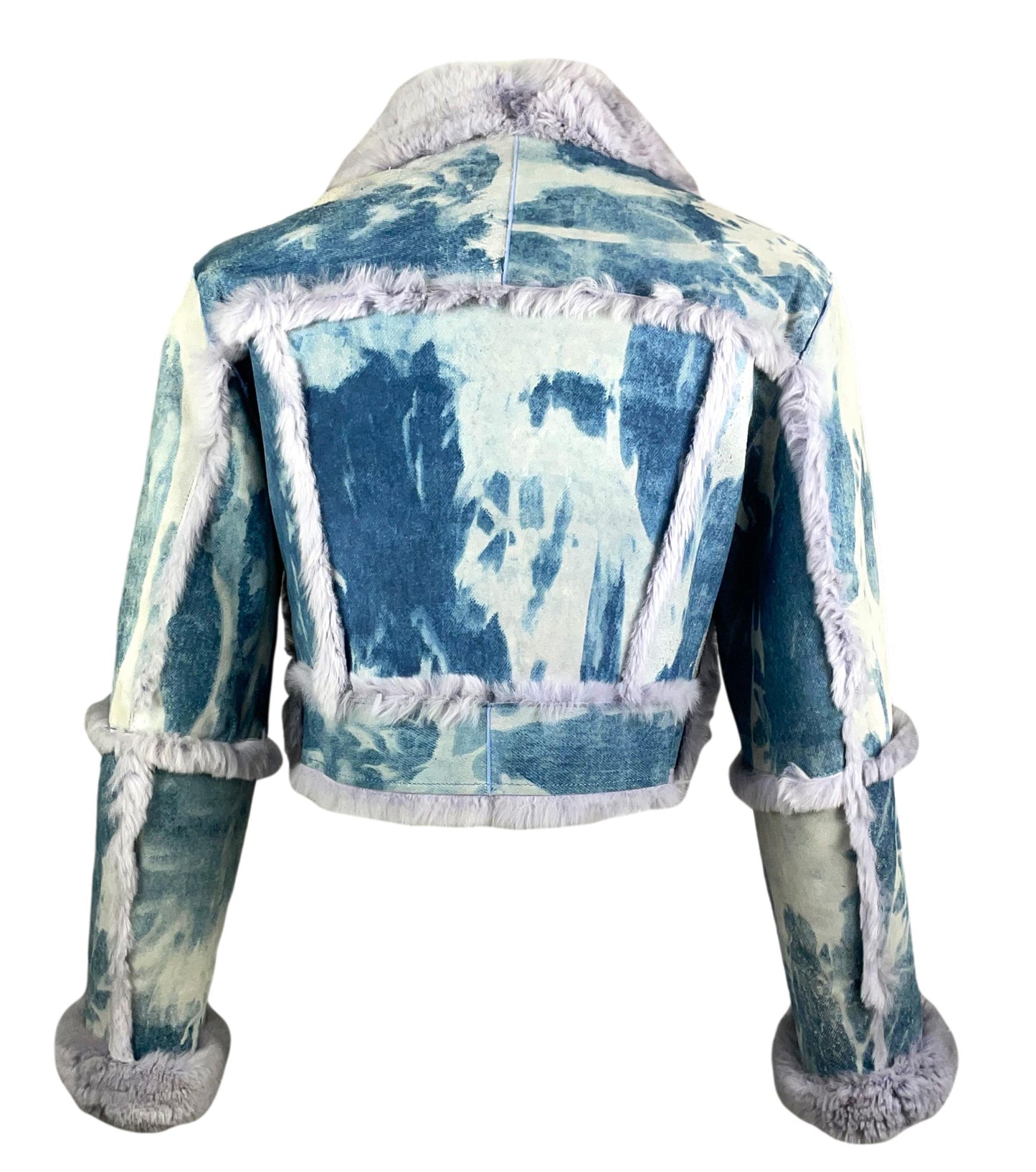 F/W 2000 Christian Dior by John Galliano Runway Blue Tie Dye Leather & Fur Cropped Jacket
