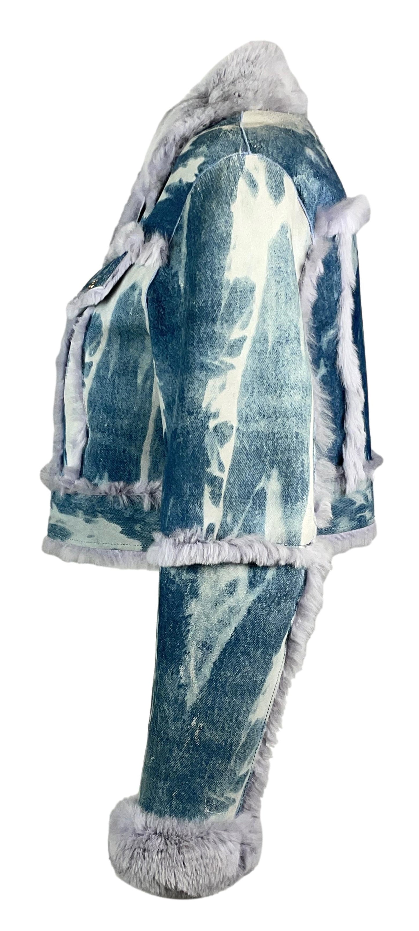 F/W 2000 Christian Dior by John Galliano Runway Blue Tie Dye Leather & Fur Cropped Jacket