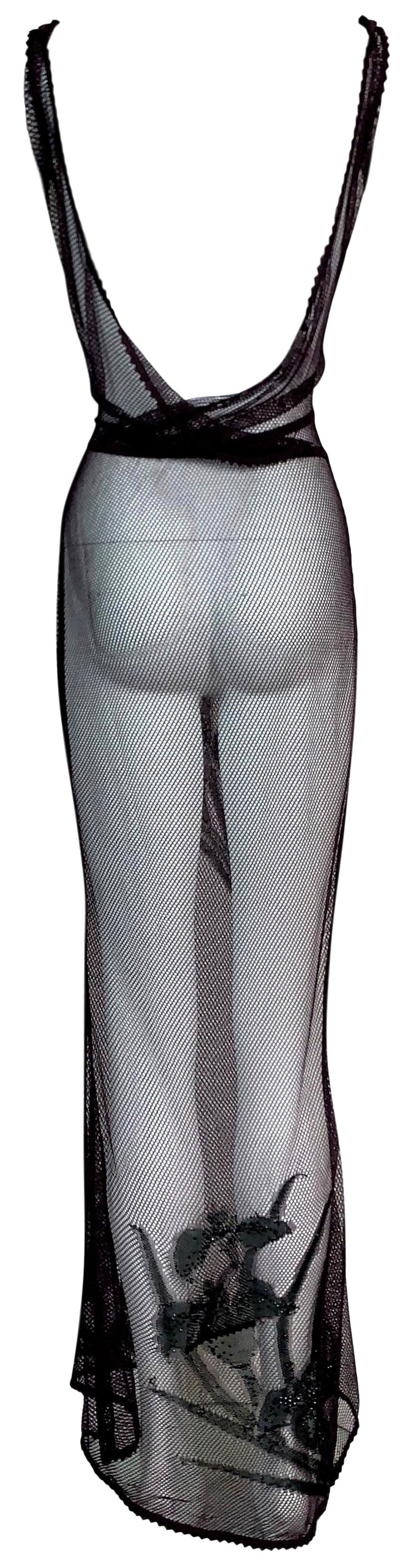 F/W 2000 Christian Dior by John Galliano Sheer 1920's Style Burgundy Fishnet Embellished Bodycon Mermaid Maxi Dress