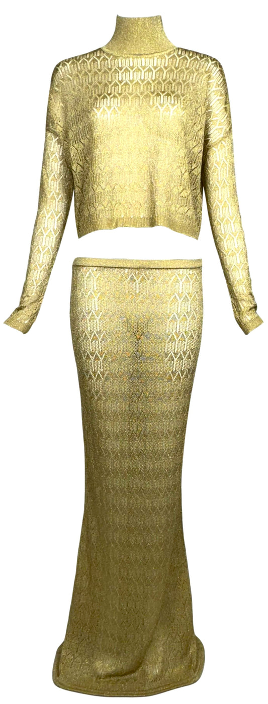 F/W 2000 Christian Dior by John Galliano Semi-Sheer Gold Knit Crop Top Sweater & Bodycon Maxi Skirt Set
