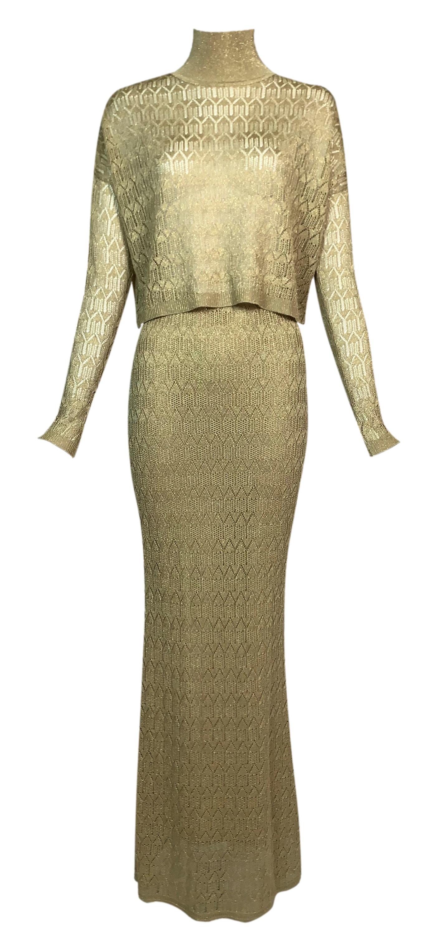 F/W 2000 Christian Dior by John Galliano Gold Knit L/S Crop Top & Mermaid Maxi Skirt Set