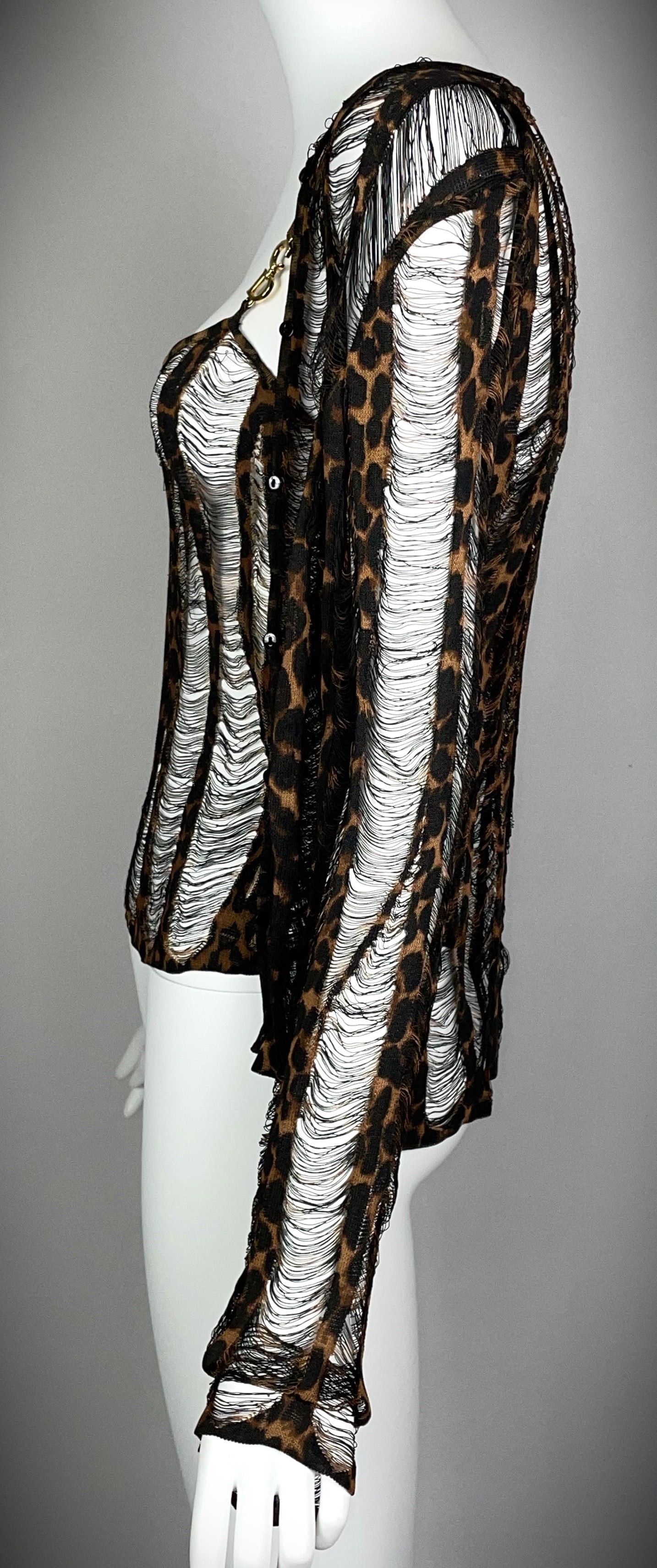 F/W 2000 Christian Dior by John Galliano Gold Logo Straps Sheer Leopard Fringe Tank Top & Cardigan Set