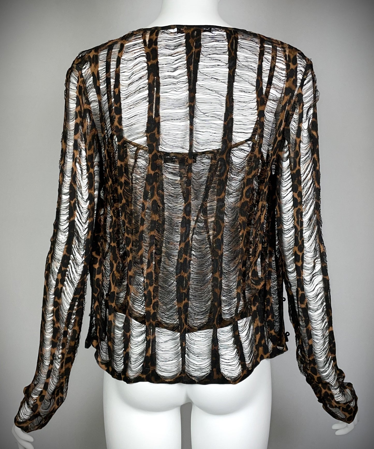 F/W 2000 Christian Dior by John Galliano Gold Logo Straps Sheer Leopard Fringe Tank Top & Cardigan Set