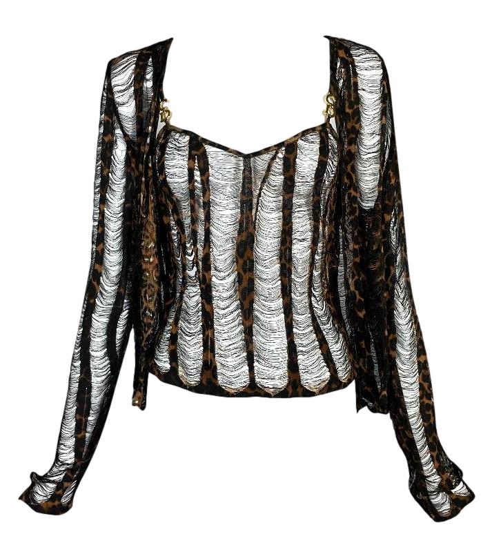 F/W 2000 Christian Dior by John Galliano Gold Logo Straps Sheer Leopard Fringe Tank Top & Cardigan Set