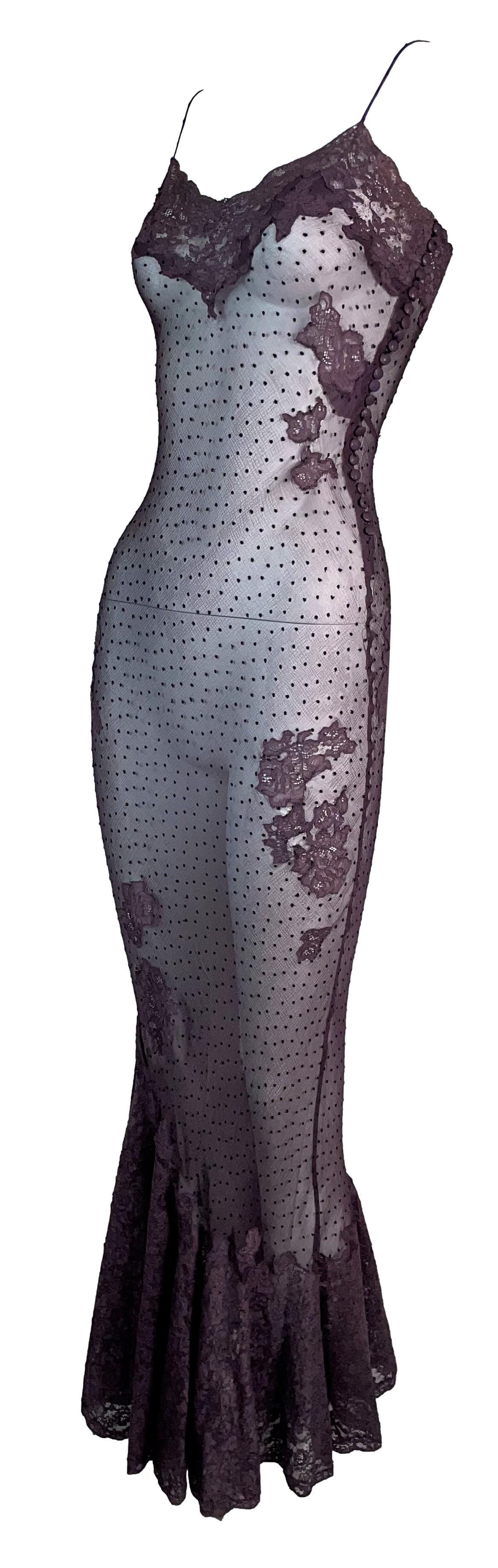 F/W 2000 Christian Dior by John Galliano Sheer Purple Silk Lace Mermaid Maxi Dress