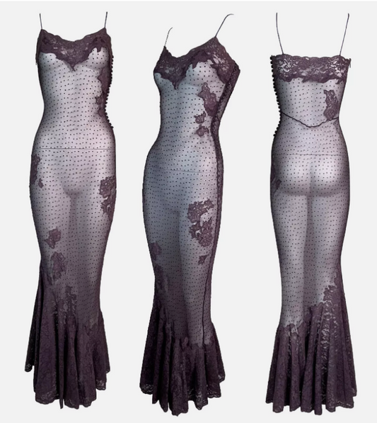 F/W 2000 Christian Dior by John Galliano Sheer Purple Silk Lace Mermaid Maxi Dress