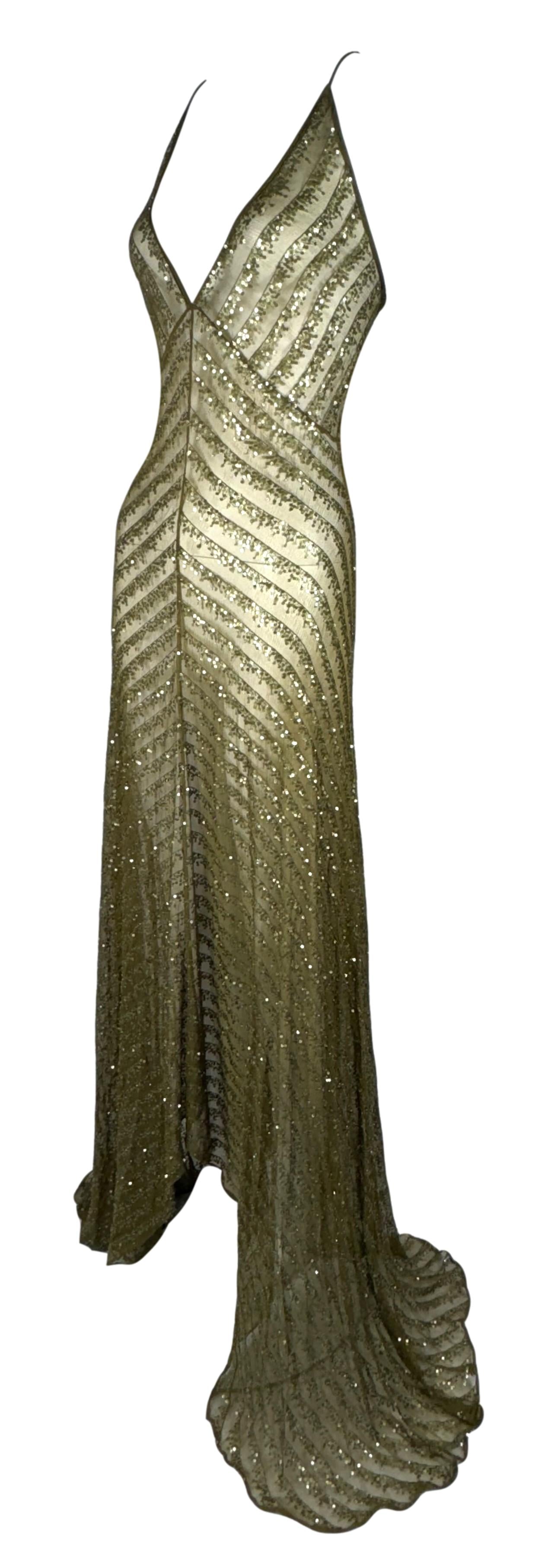 F/W 2000 Donna Karan Sheer Green Silk Gold Sequin Embellished Plunging Gown Dress