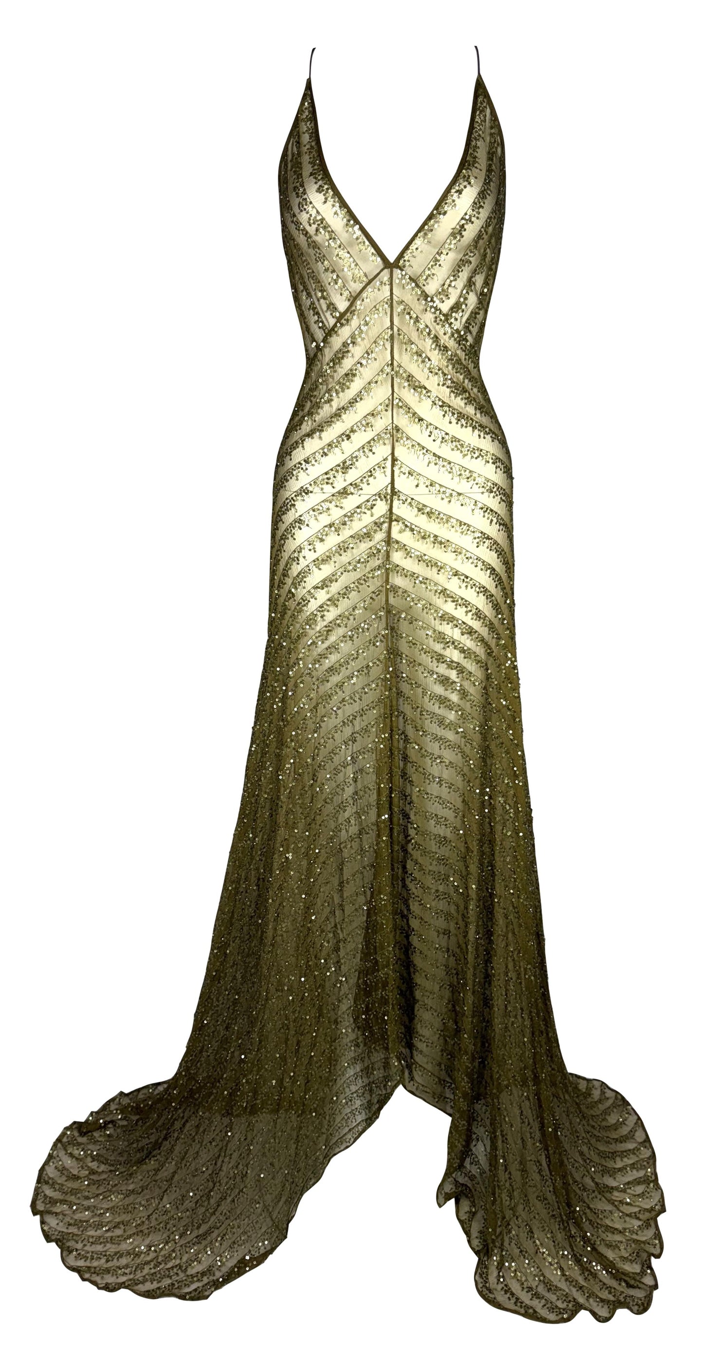 F/W 2000 Donna Karan Sheer Green Silk Gold Sequin Embellished Plunging Gown Dress