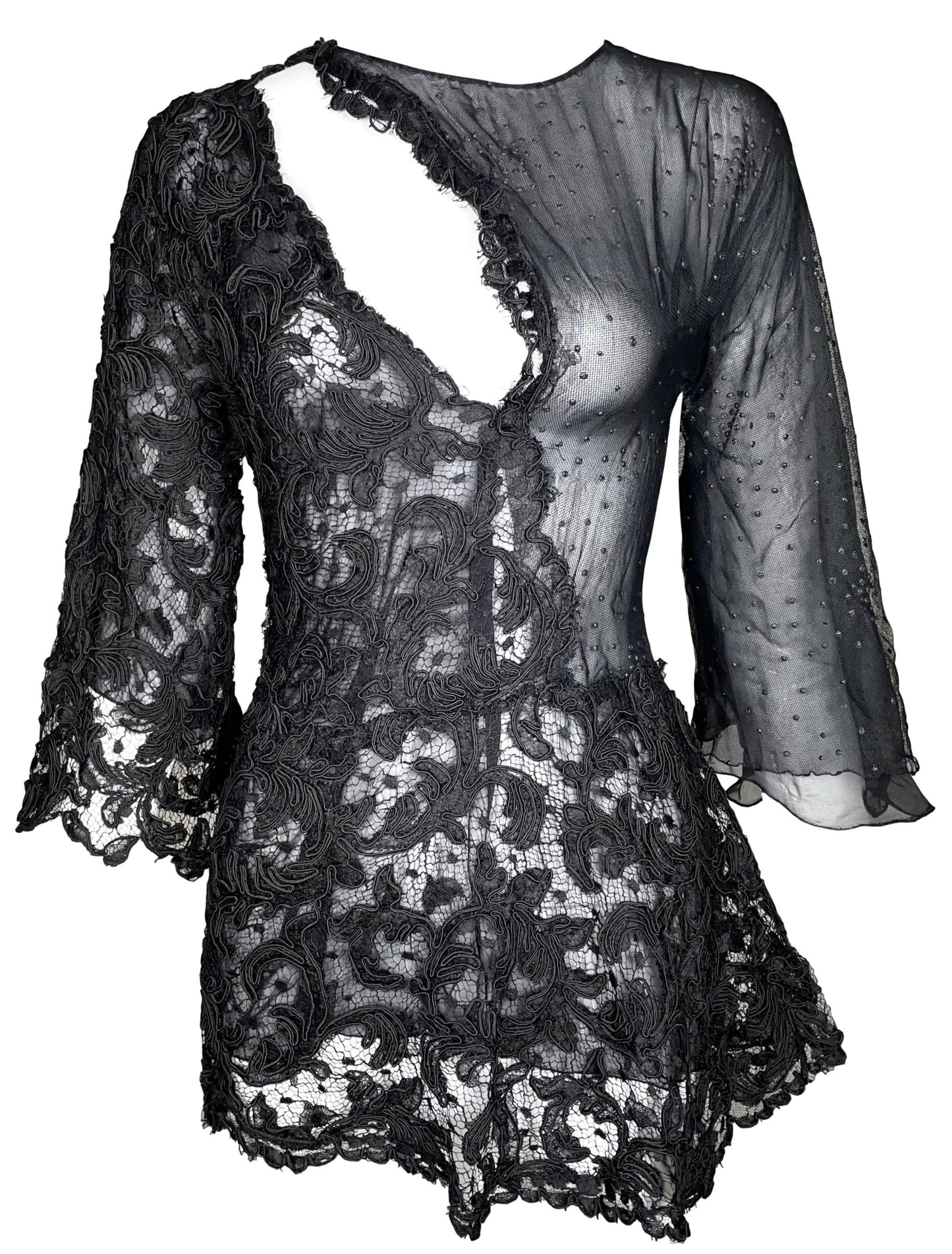 RARE F/W 2000 Fausto Puglisi Sheer Black Lace & Mesh Bell Sleeve Cut-Out Micro Mini Dress Tunic