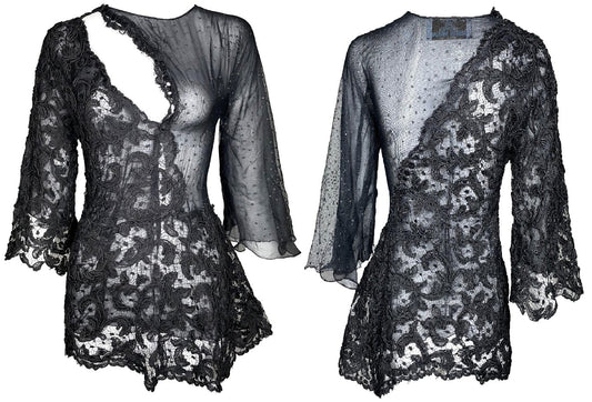 RARE F/W 2000 Fausto Puglisi Sheer Black Lace & Mesh Bell Sleeve Cut-Out Micro Mini Dress Tunic