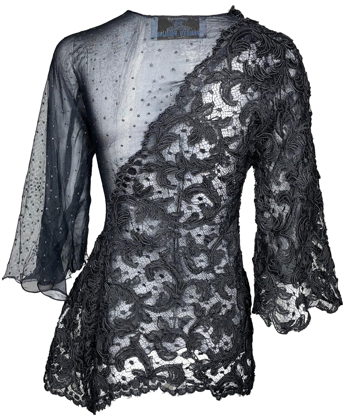 RARE F/W 2000 Fausto Puglisi Sheer Black Lace & Mesh Bell Sleeve Cut-Out Micro Mini Dress Tunic