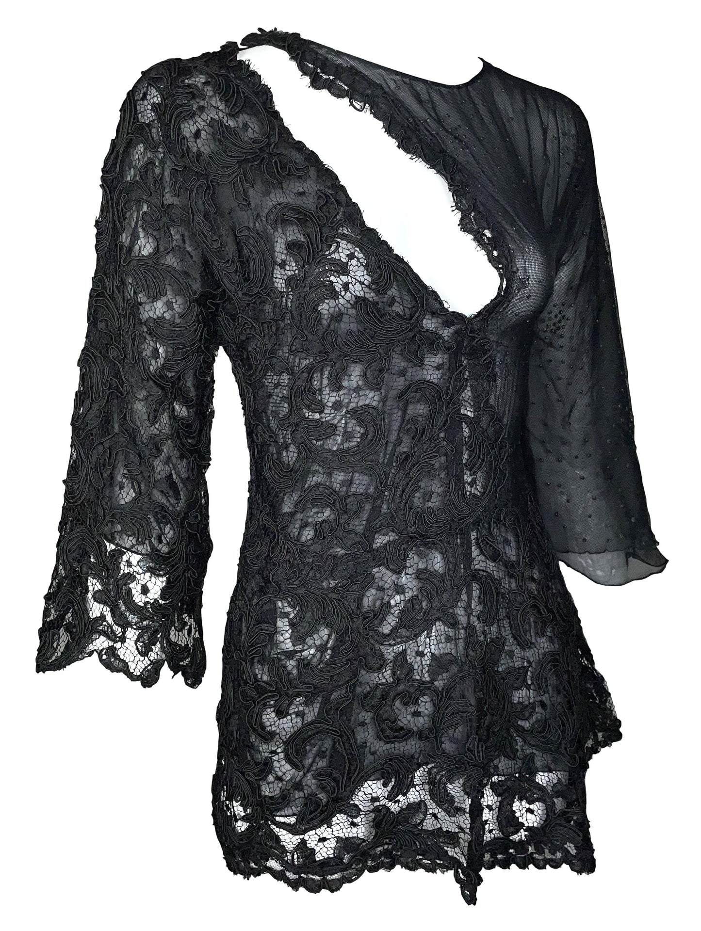 RARE F/W 2000 Fausto Puglisi Sheer Black Lace & Mesh Bell Sleeve Cut-Out Micro Mini Dress Tunic