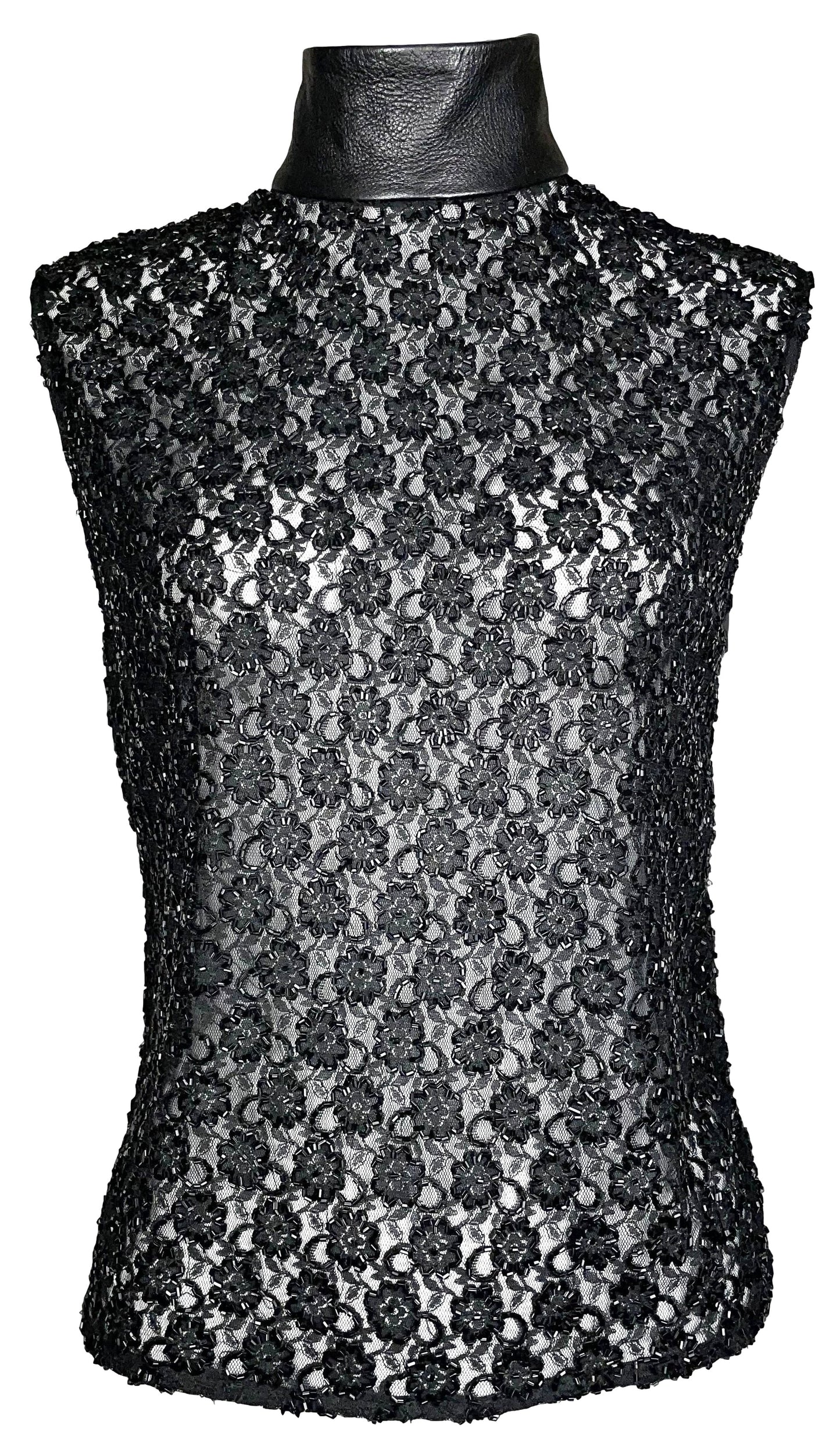 RARE F/W 2000 Fausto Puglisi Sheer Black Lace Beaded Rock Star Tank Top